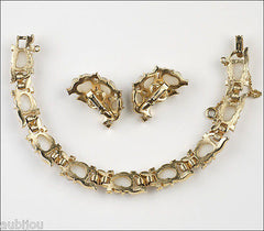 Vintage Trifari Fruit Salad White Moonstone Cabochon Leaf Bracelet Set Earrings