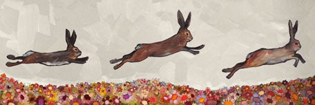 Brown Bunnies Jumping Over Wildflowers - Giclée Print
