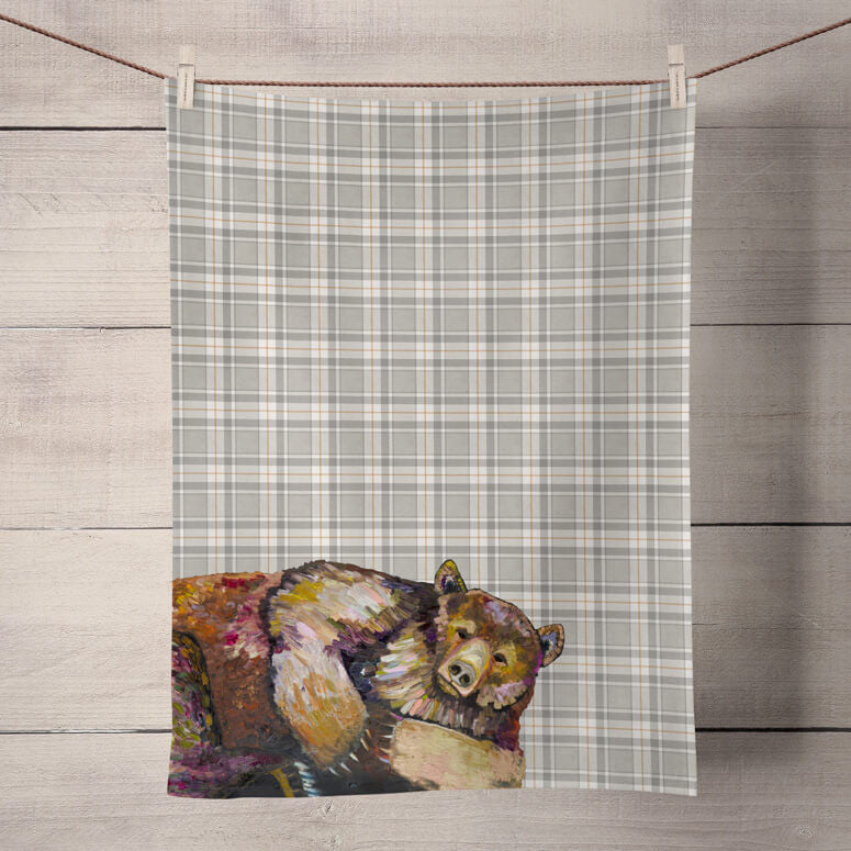 Grizzly Bear Dreams on Tartan Tea Towel