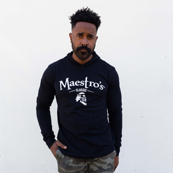 Maestro's Classic Black Fitness Lite Hoodie - with White Logo