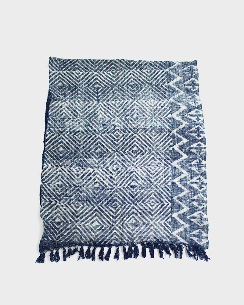 Indian Scarf, Indigo Geometric Square Pattern
