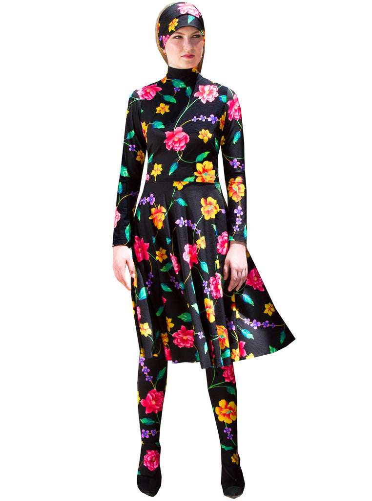 Dark Floral Knit Knee Length Long Sleeve Skater Dress & Tights Set
