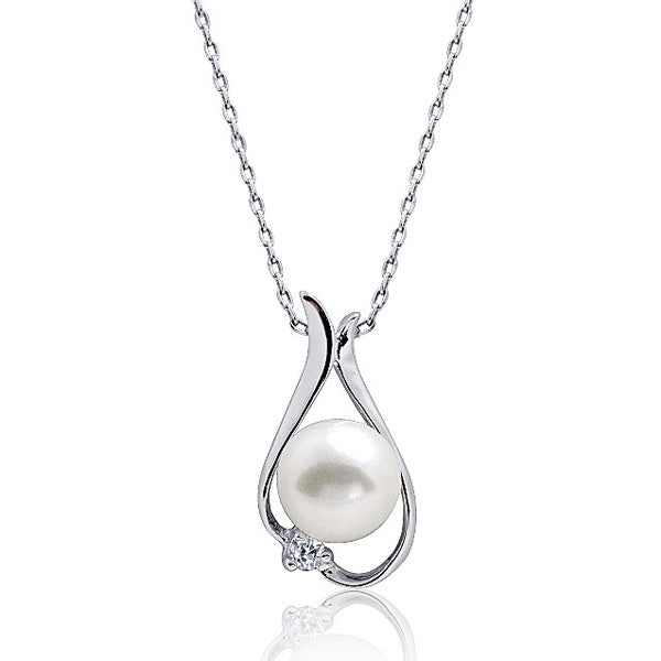 Gracious 925 Sterling Silver 8-9mm Pearl CZ Necklace 16