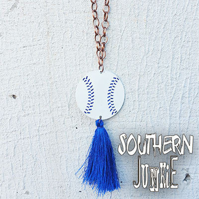 Blue Baseball & Tassel Necklace