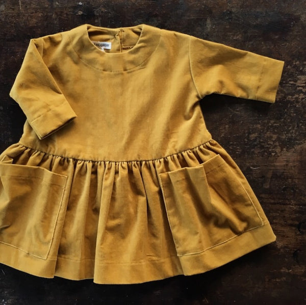 Cotton Corduroy Pocket Dress Long Sleeves - Mustard - 6m-12y