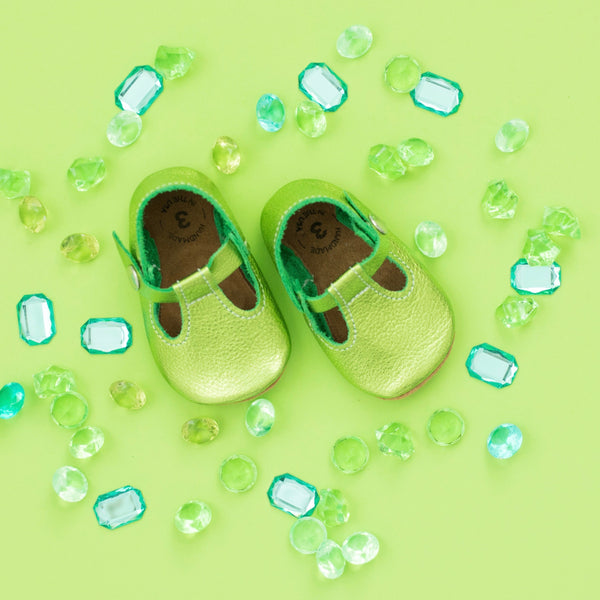 the original soft-soled t-strap: peridot/tinkerbell green (RTS)