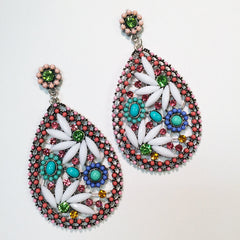 Vintage style floral marquis teardrop earring with rhinestones in multicolor hues,