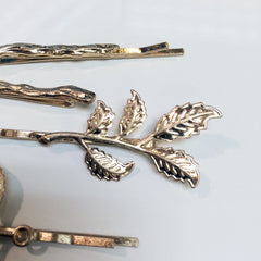 Bobby pin Four piece hair pin set with leaf motif and branch motifs, branch charms