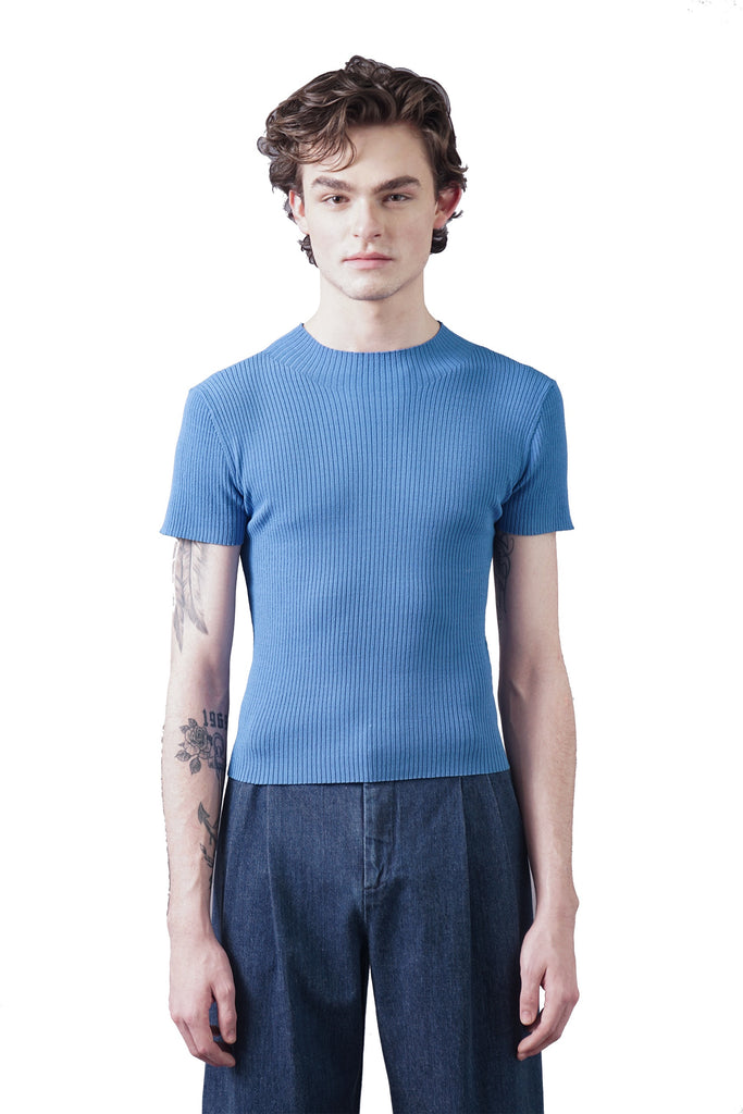 Mock Ruffle Neck Tee - Blue