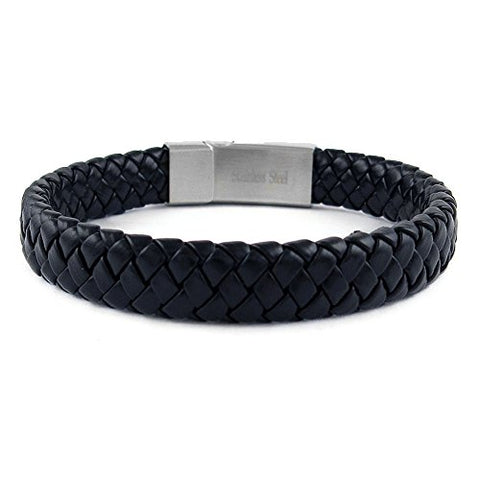 Ben & Jonah Braided Black Faux Leather and Stainless Steel Bracelet with Magnetic Stainless Steel Fancy Lock (8 inch L)