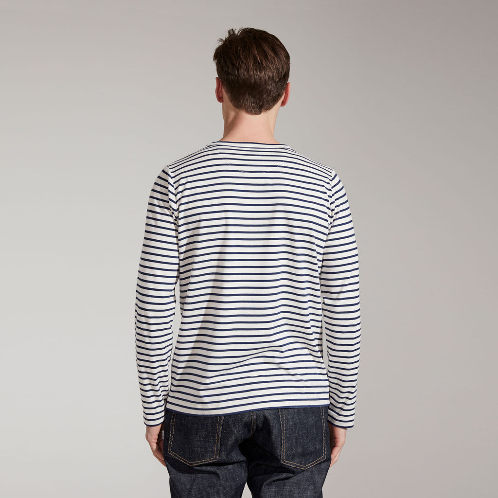 Men's Fine Cotton Long Sleeve T-Shirt (White / Navy Stripe)