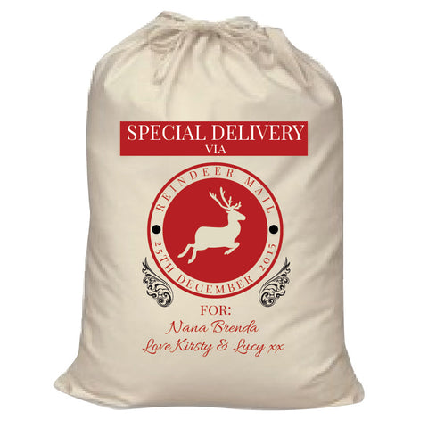 SS14 - Special Delivery Via Reindeer Mail Solid Colour Personalised Christmas Santa Sack