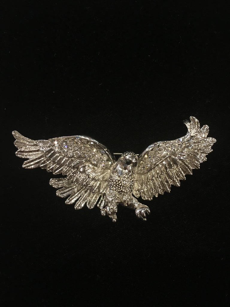 Flying Eagle Brooch 2 | Black and Clear Crystals with Silver Plate | Hand Made in America-Brooch-Sterling-and-Burke