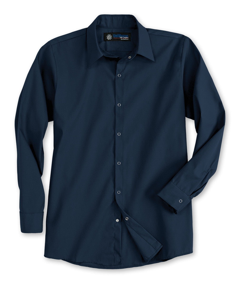 Navy Blue UniWeave® Pocketless Food Service Shirts Shown in UniFirst Uniform Rental Service Catalog