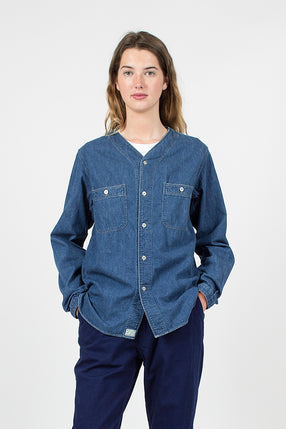 Collarless Used Denim Shirt