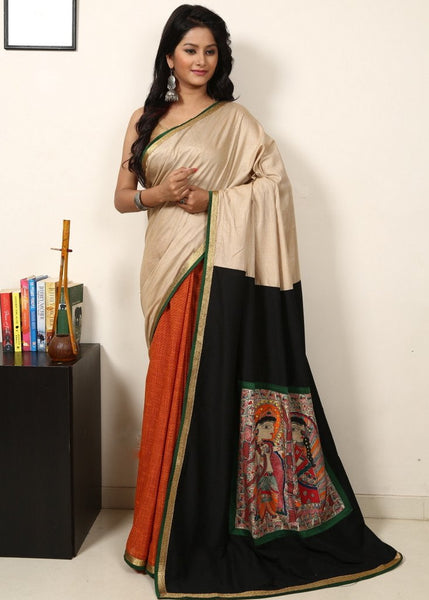 Saree - Tussar Silk With Handloom Brown Cotton With Black Slub Silk & Hand Painted Madhubani Work