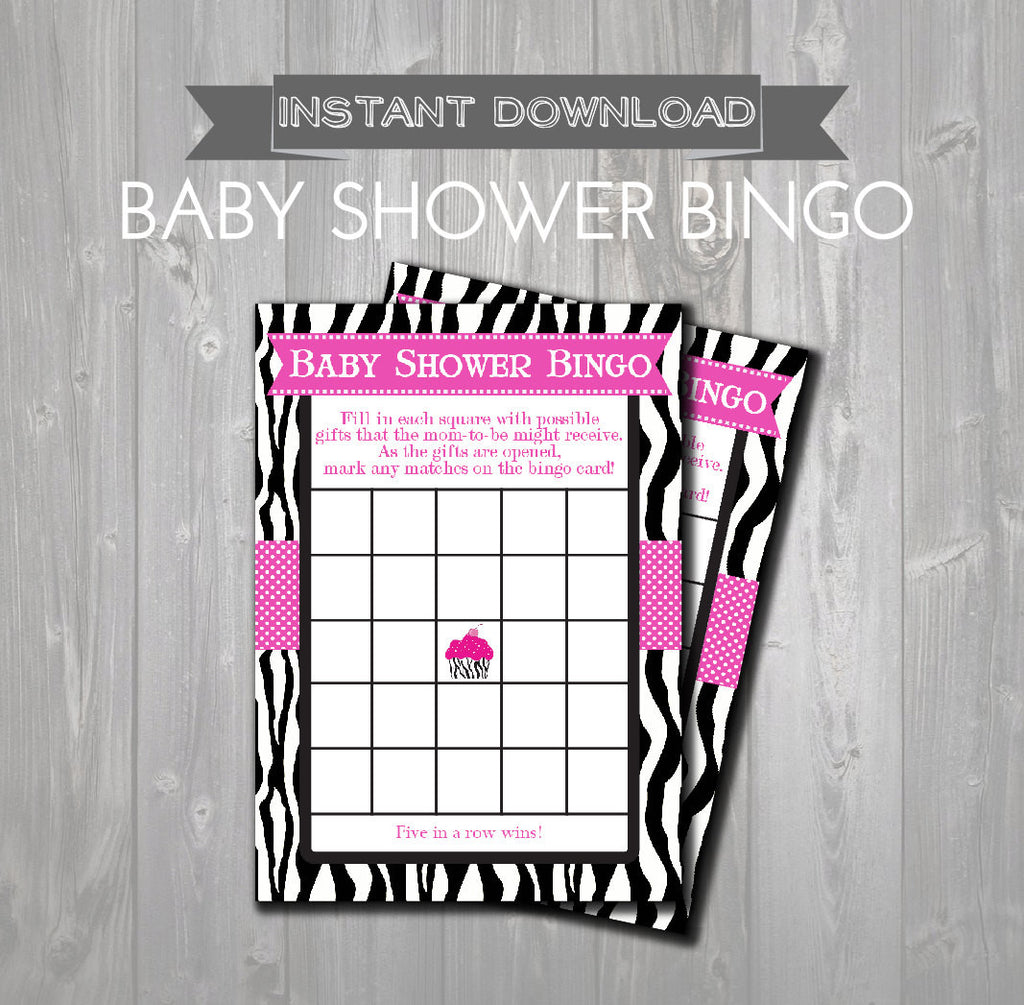 BABY SHOWER BINGO Game Cards - Printable Baby Shower Bingo Cards - Hot Pink & Zebra Cupcake Baby Shower - Instant Download Shower Games - Get The Party Started