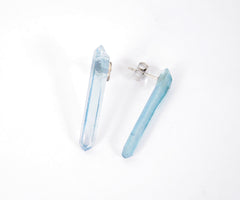 Raw aqua aura blue quartz point crystal natural earrings studs
