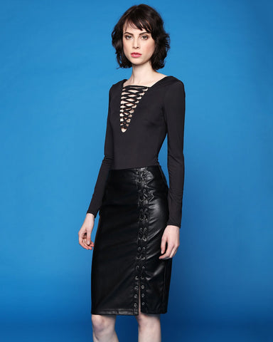 Faux Leather Lace Up Midi Skirt - Jezzelle