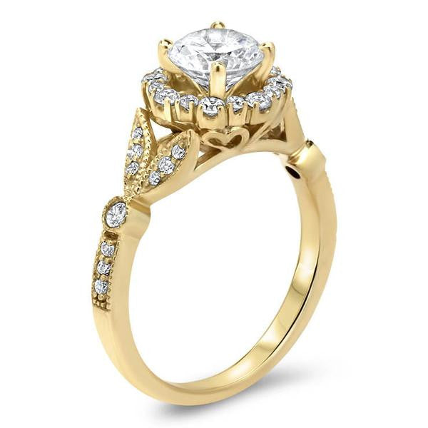 Vintage Floral Style Halo Diamond and Moissanite Engagement Ring - Lilly - Moissanite Rings