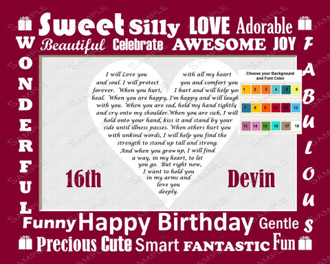 Personalized 16th Birthday Gift Poem 16th Birthday Heart Print 8 X 10 Sweet Sixteen Gifts