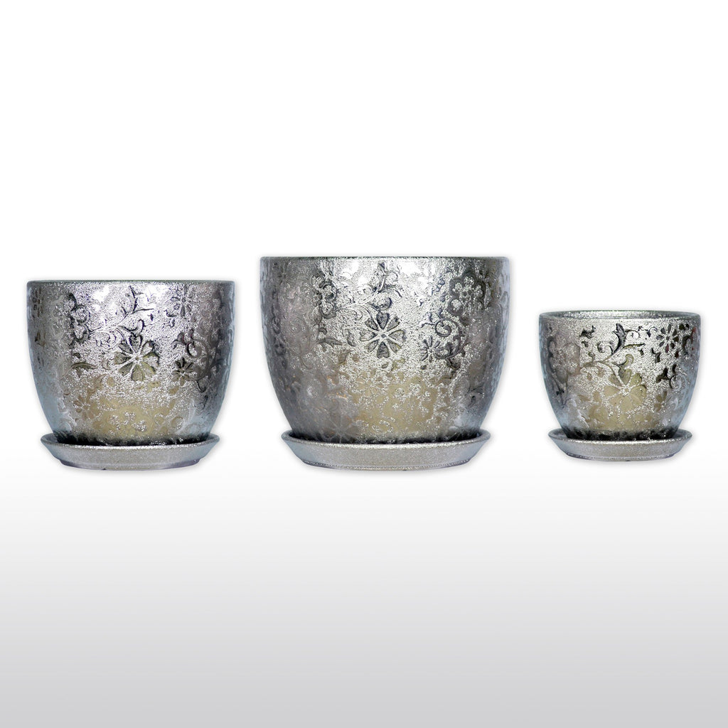 Ceramic Planters - A Trio Of Ceramic Planter With Tray In Titanium Silver