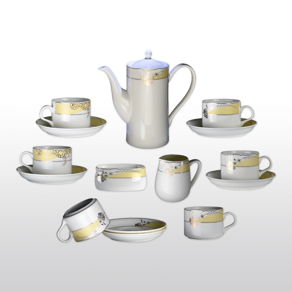Coffee & Tea Wares - Fine Bone China Coffee Set Rimmed With Gold Leaf Rose Design Set Of 15
