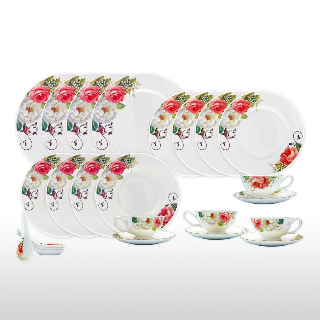 Dinnerwares - Bone China 24 Piece Dinnerware Set Rose Blossom And Gold Twigs, Service For 4