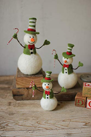 Set Of Three Felt Snowmen Holding Candycanes