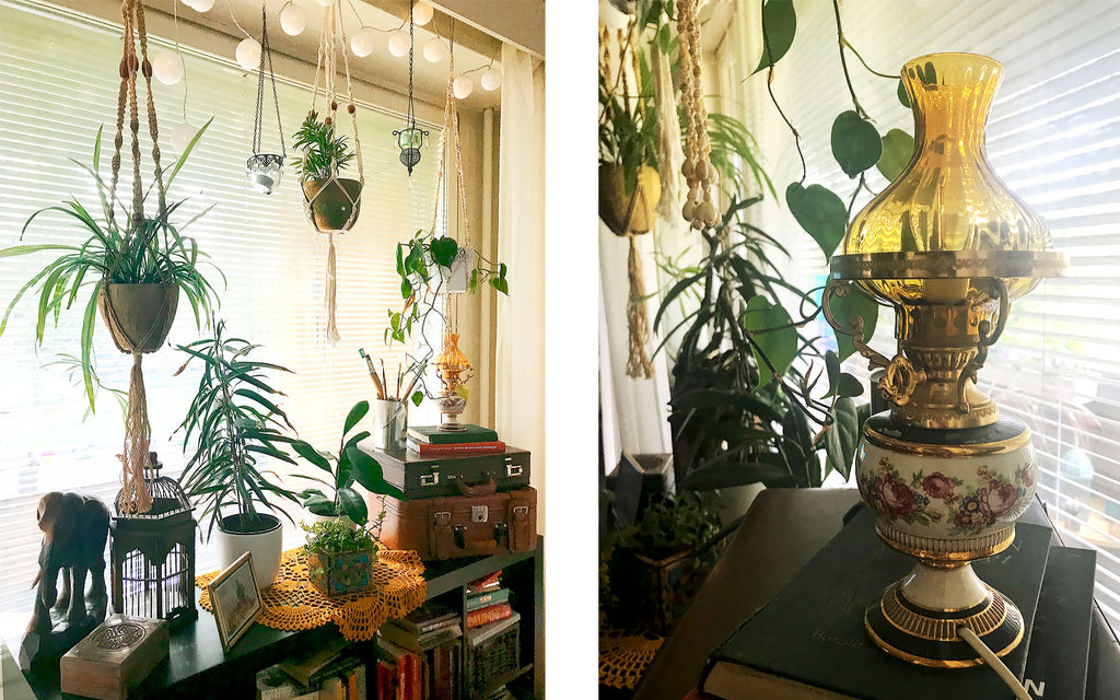 Eclectic boho apartment. House plants and vintage lamp | House Tour on The Inkabilly Blog