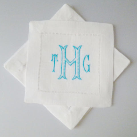 6 Made to Order Leslie Font 100% Linen Hemstitched Cocktail Napkins