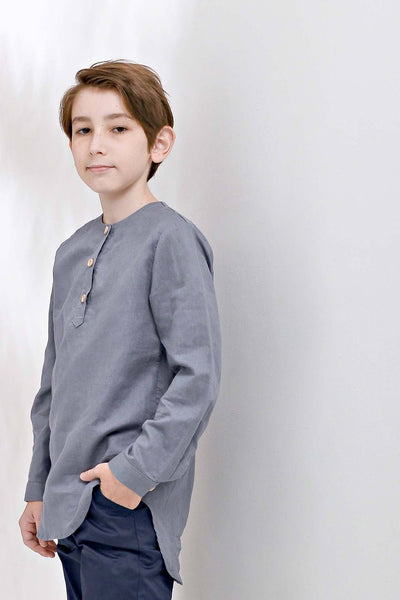 The Pulau Long Sleeve Cotton Linen Kurta - Steel Grey