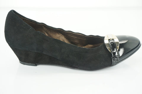 AGL Silver Buckle Strap Cap Toe Ballet Wedge Pumps Size 36.5 Black Suede $340