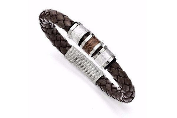 Stainless Steel Polished Brown Leather Black Rubber Bracelet-Farsi Jewelers