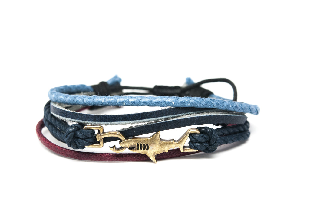 Shark Hook Rope and Leather Adjustable Unisex Charm Bracelet