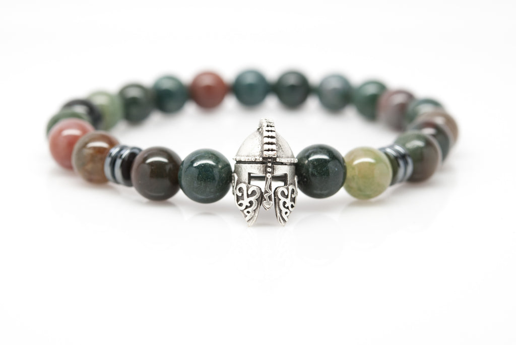 Agate Unisex Beaded Bracelet with Gladiator Helmet Charm - Orti Jewelry