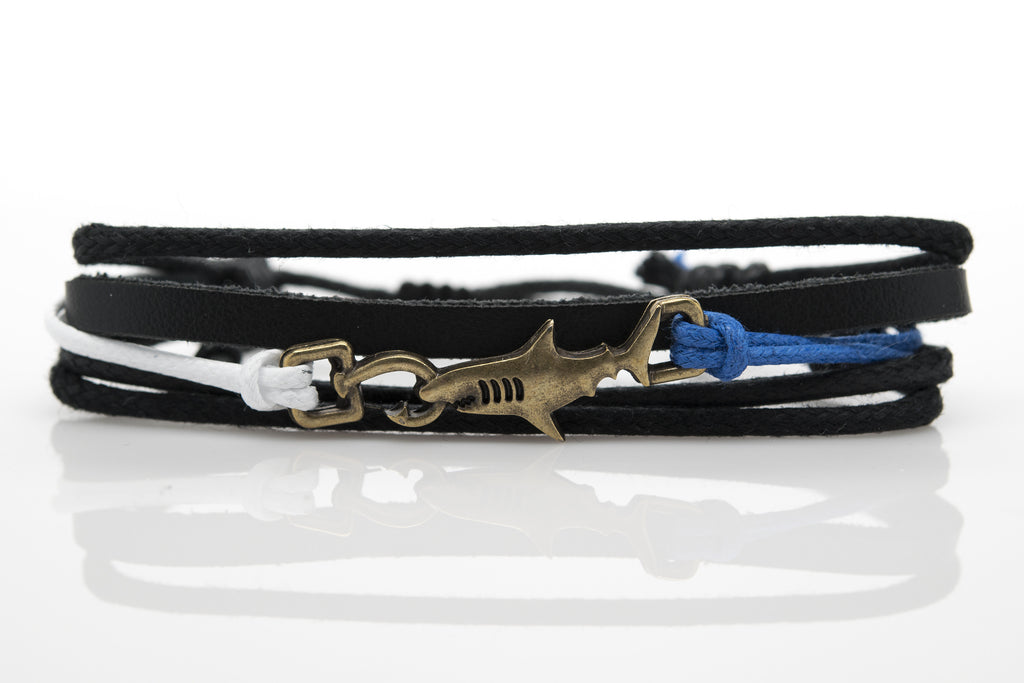 Shark Hook White Blue Rope and Black Leather Adjustable Unisex Charm Bracelet