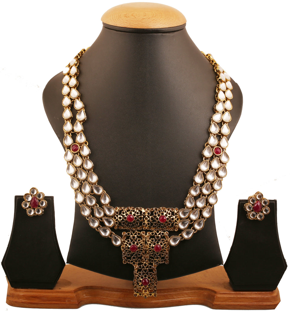 Legendary Mughal Jali Work Faux Ruby Necklace Set In Antique Gold Tone-PWNSL490-01KR-G