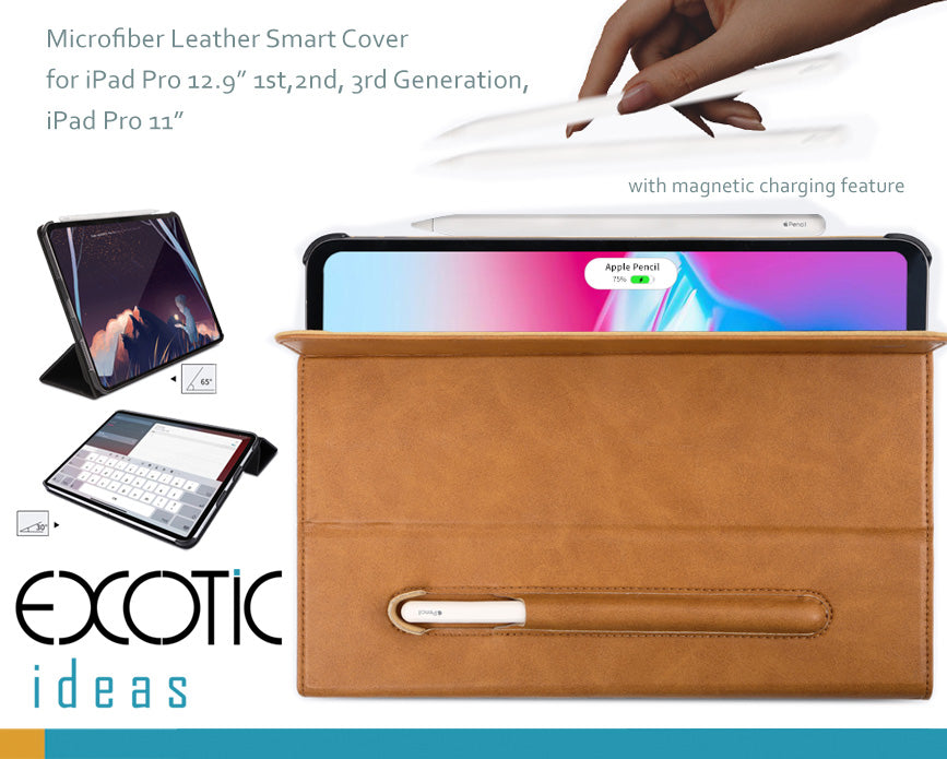 Micro Fiber Leather Smart Cover for iPad Pro 11", 12.9" 1st, 2nd and 3rd Gen - with Stylus Pen Holder and Magnetic Charging