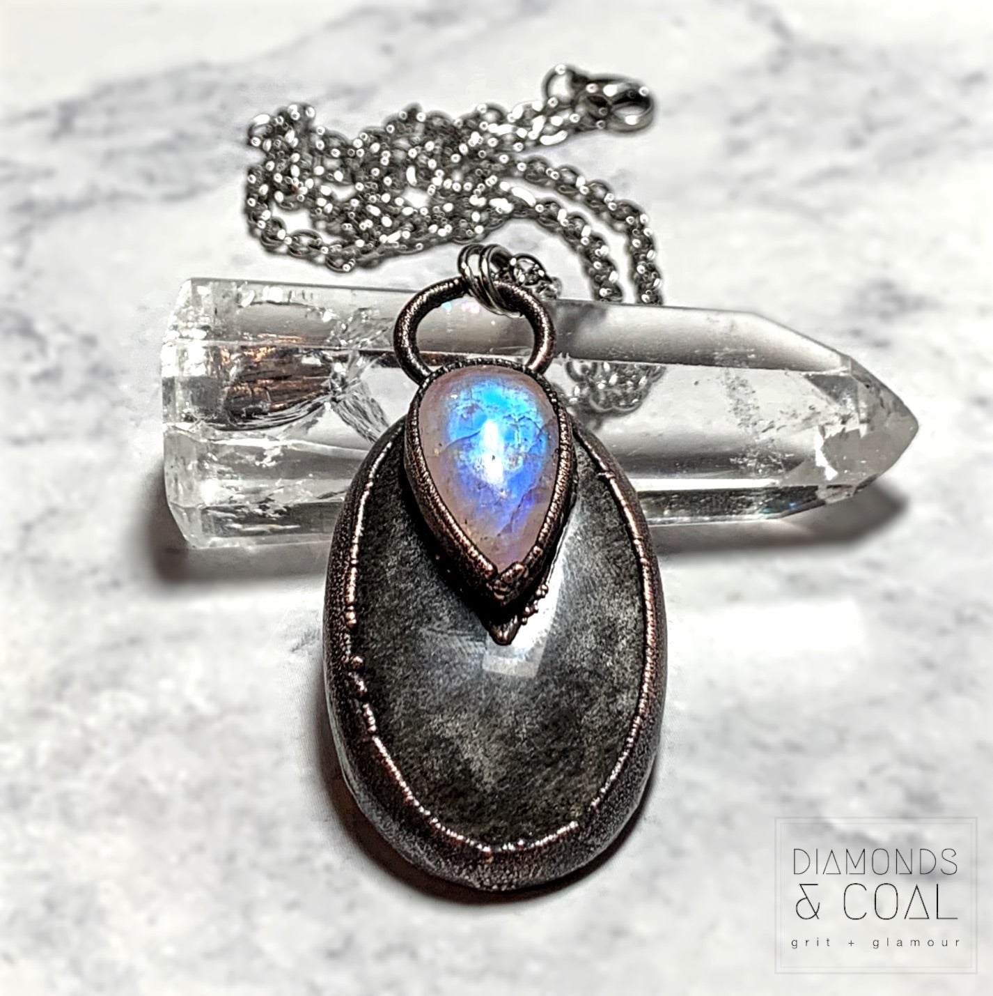 Electroformed Silver Sheen Obsidian and Rainbow Moonstone Necklace