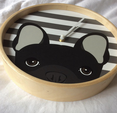 We produced peeking Frenchies in different colors on organic bamboo wood clocks