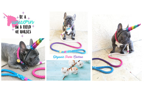 We produced frenchiestore organic cotton frenchie lead sets in various ombre colors and everlasting metal hardware.
