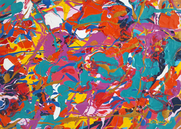 Abstract acrylic painting by Leslie Joy | pink teal blue white yellow | wall art | home decor | original | carousel