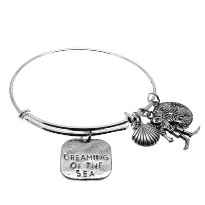 Love♥ Arm Candy : Antique Silver Adjustable Wire Bangle Bracelet with Dreaming of the Sea, Diver, Seashell, & Sand Dollar Charms | Stacking Charm Bracelet -- 63700