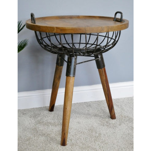 Hoxton Metal and Wood Industrial Basket Side Table (53 x 53 x 65cm)