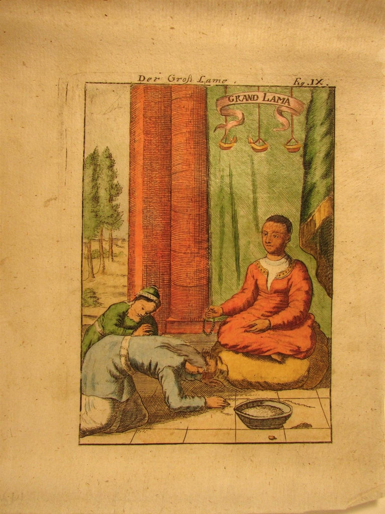 Grand Lama Asia Tibet China prayer beads worship 1719 antique engraved print