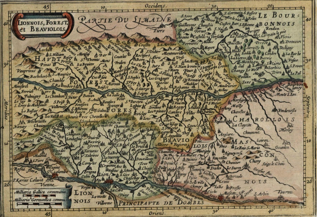 Lyon Lionnois France c.1628 Mercator minor old map detailed hand colored
