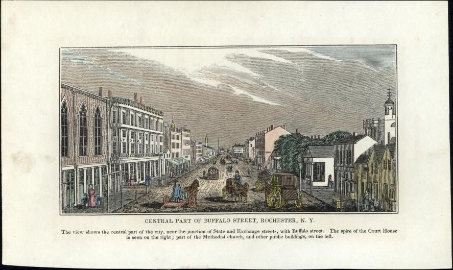 Rochester New York Buffalo Street early rare old view 1841 woodcut hand color