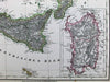 Southern Italy Sicily Sardinia Messina 1852 Flemming old antique color map