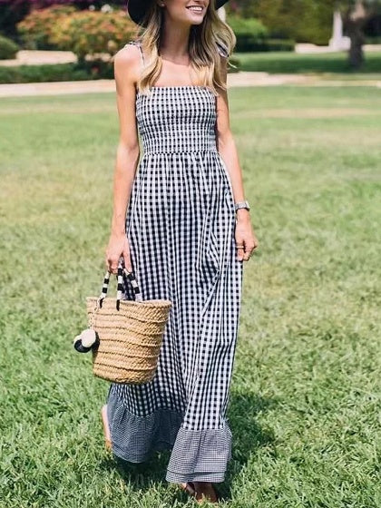 Black Plaid Spaghetti Strap Cut Out Back Ruffle Hem Maxi Dress